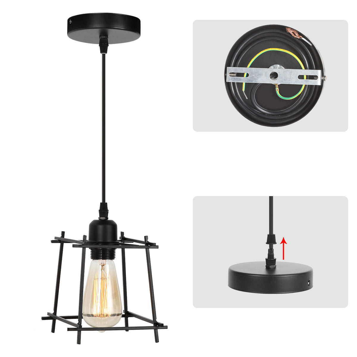 Vintage, Industrial Chandelier, Adjustable Ceiling Light, Minimalist Style Cage Design, Kitchen Island, Dining Room, Living Room, Corridor, Bar, Black Metal Lighting Fixtures (Bulbs Not Included)