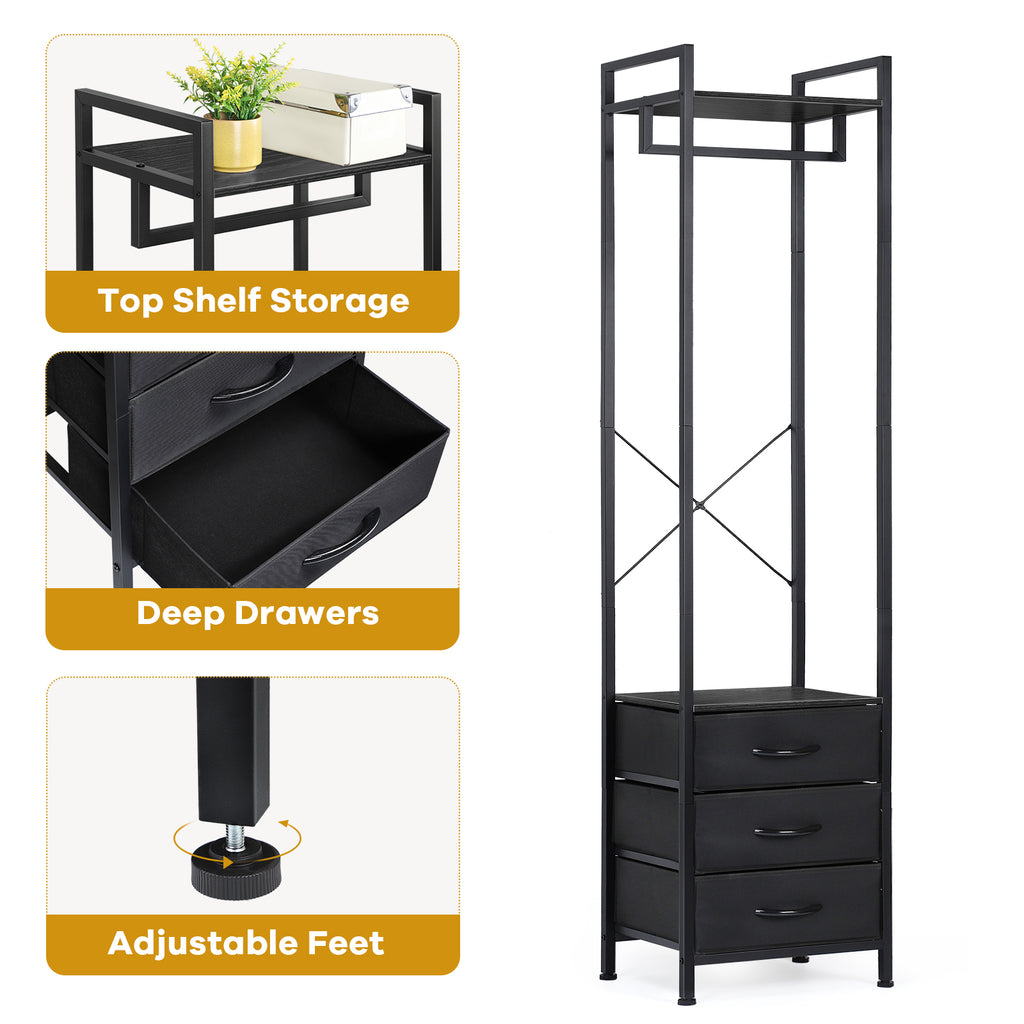 Heavy-Duty Garment Rack with 3 Fabric Drawers - Freestanding Clothes Closet Stand with Top Storage Shelf