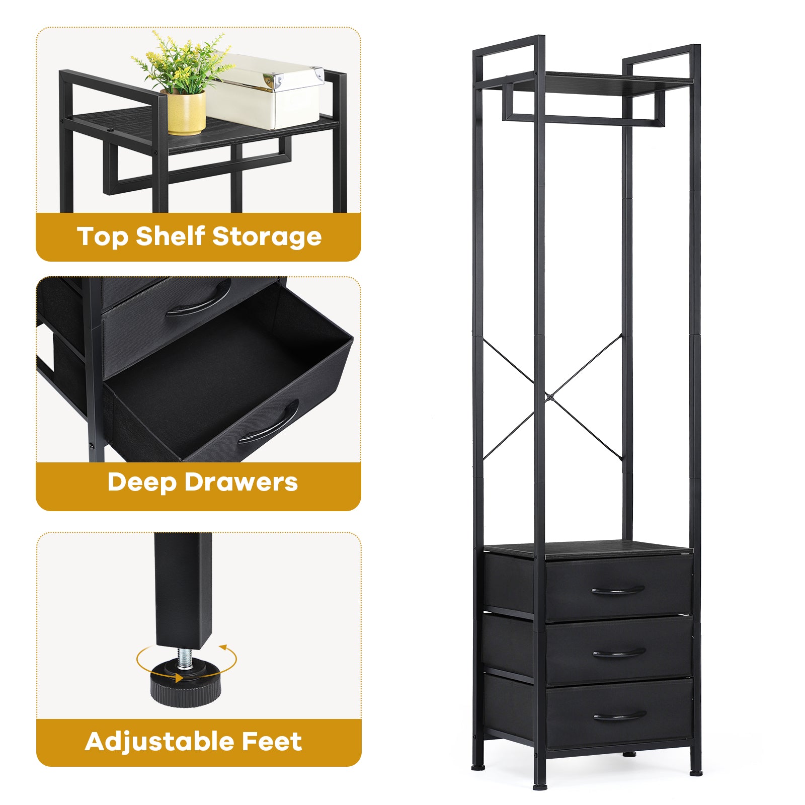 Heavy-Duty Garment Rack with 3 Fabric Drawers - Freestanding Clothes Closet Stand with Top Storage Shelf