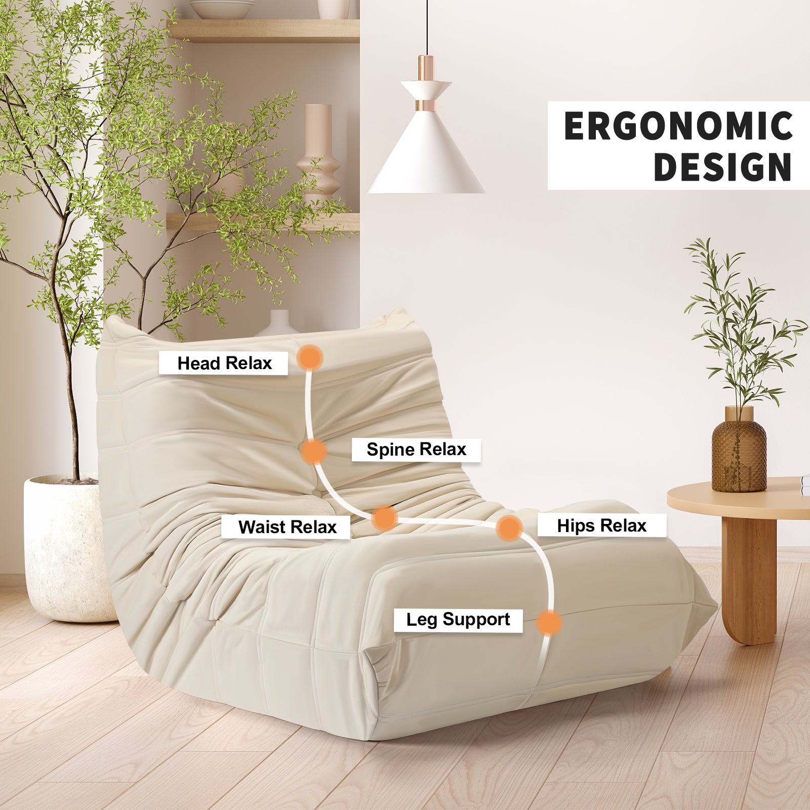 Oversized Bean Bag Chair for Adults, Memory Foam Fireside Chair and Comfy Lazy Floor Sofa for Living Room and Office, Beige,