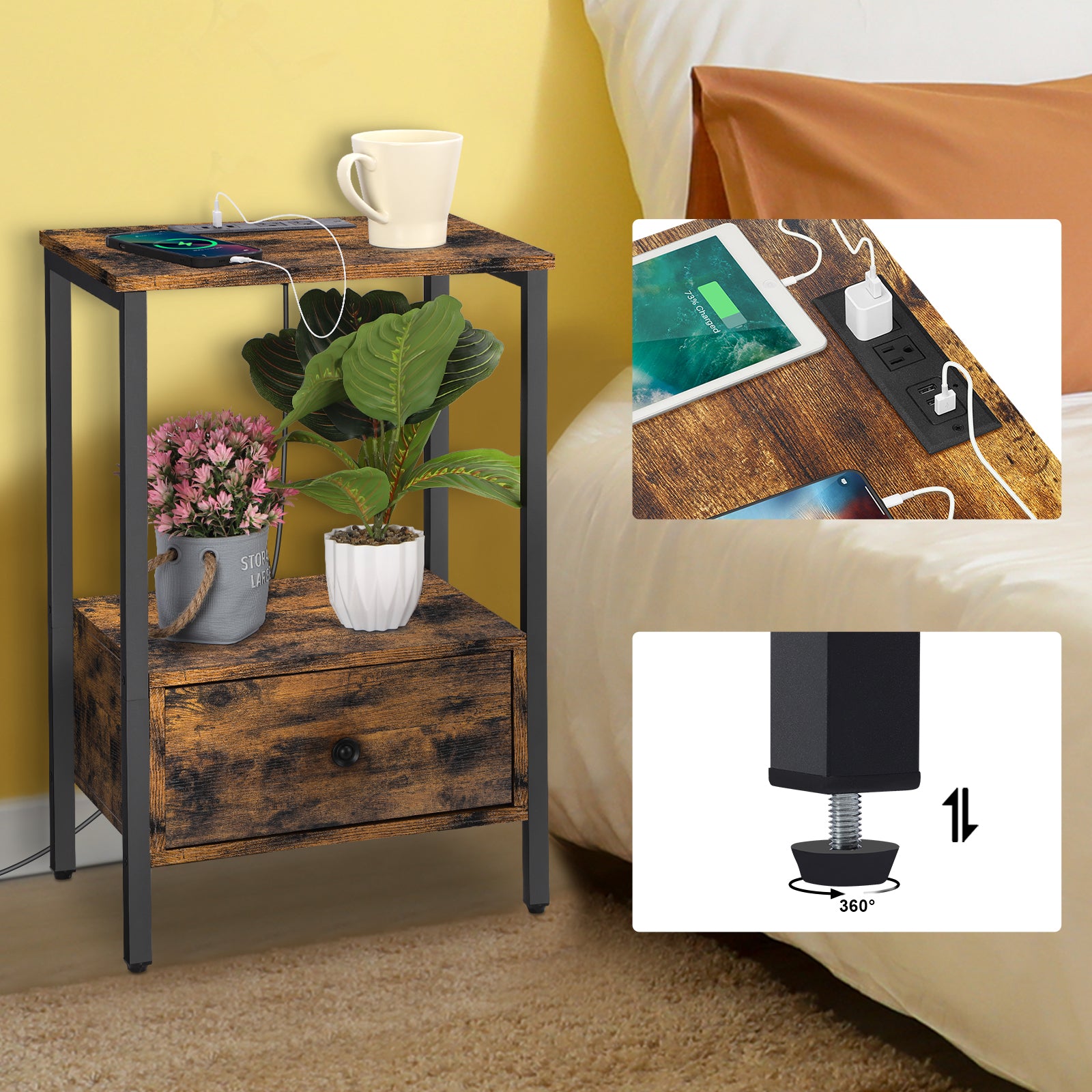 2-Tier Side End Table with Charging Station & Wooden Drawer, Rustic Bedside Nightstand for Bedroom & Workplace,