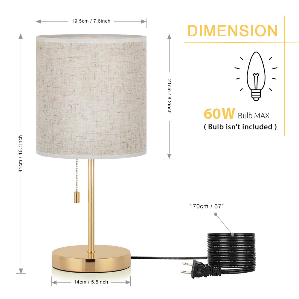 Modern Gold Bedside Lamp with Pull Chain — Elegant Nightstand Lamp with Linen Fabric Shade.
