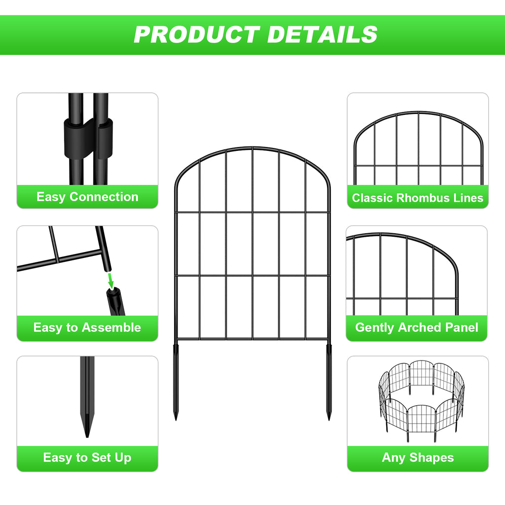10-Pack Arched Garden Fence Panels, 22"H x 10ft L Rustproof Wire Edging with Stabilizing Plastic Stakes