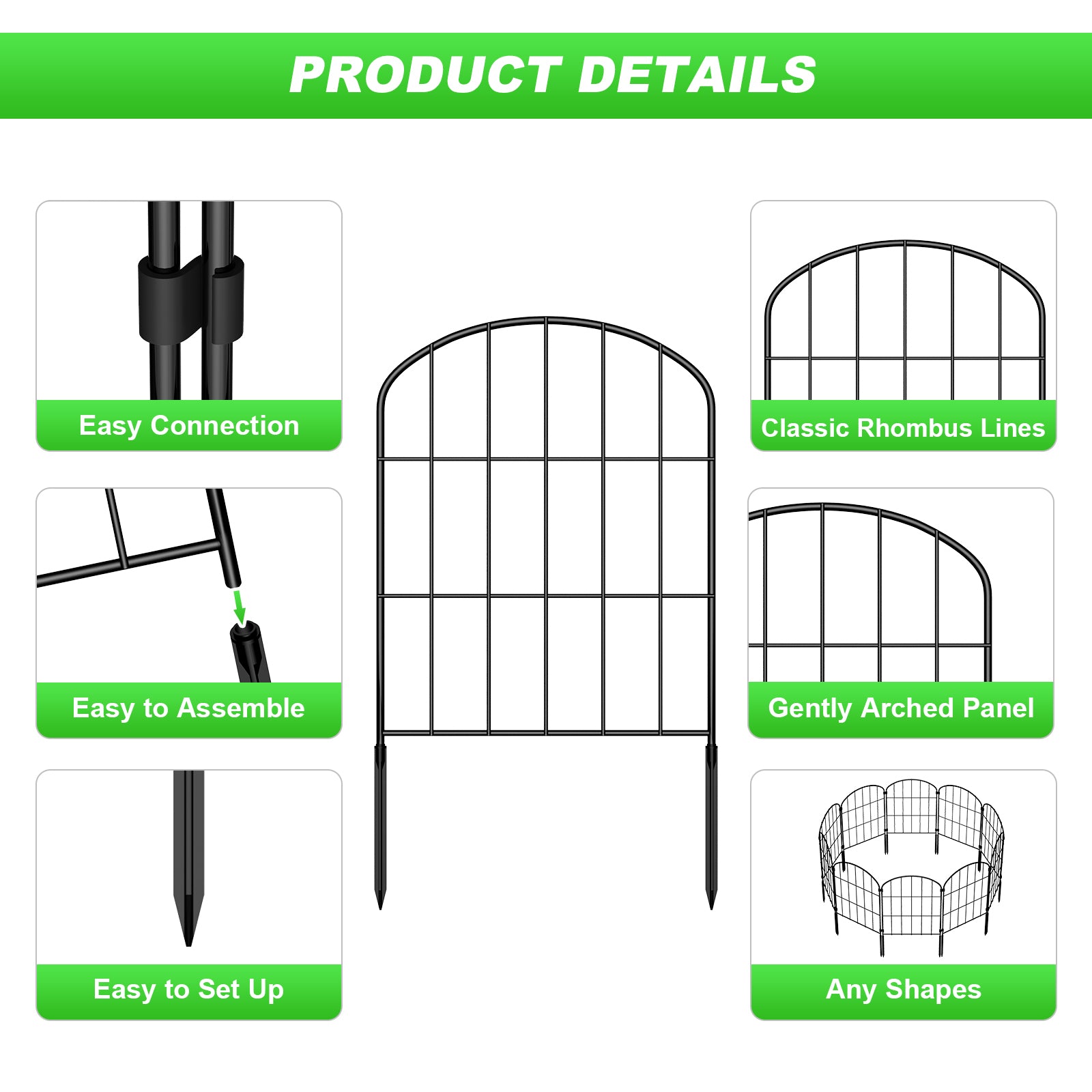 10-Pack Arched Garden Fence Panels, 22"H x 10ft L Rustproof Wire Edging with Stabilizing Plastic Stakes
