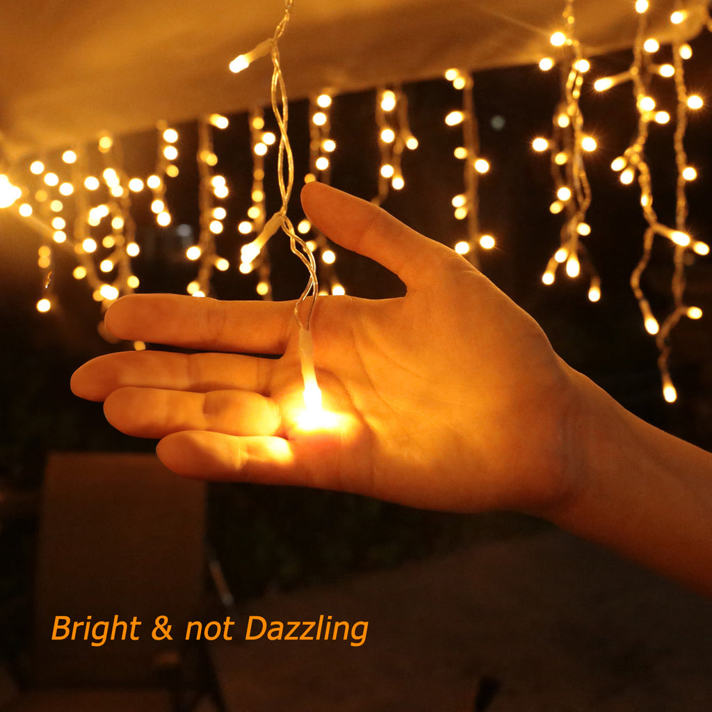33FT 400 LED Warm White Icicle Lights - 8 Modes Hanging Fairy Lights for Patio & Wedding Decoration