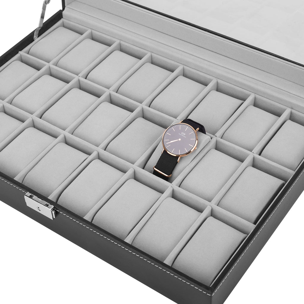 Large 24-Slot Men's Watch Display Case with Secure Lock and Clear Viewing Lid in Black Synthetic Leather