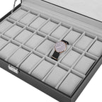 Large 24-Slot Men's Watch Display Case with Secure Lock and Clear Viewing Lid in Black Synthetic Leather