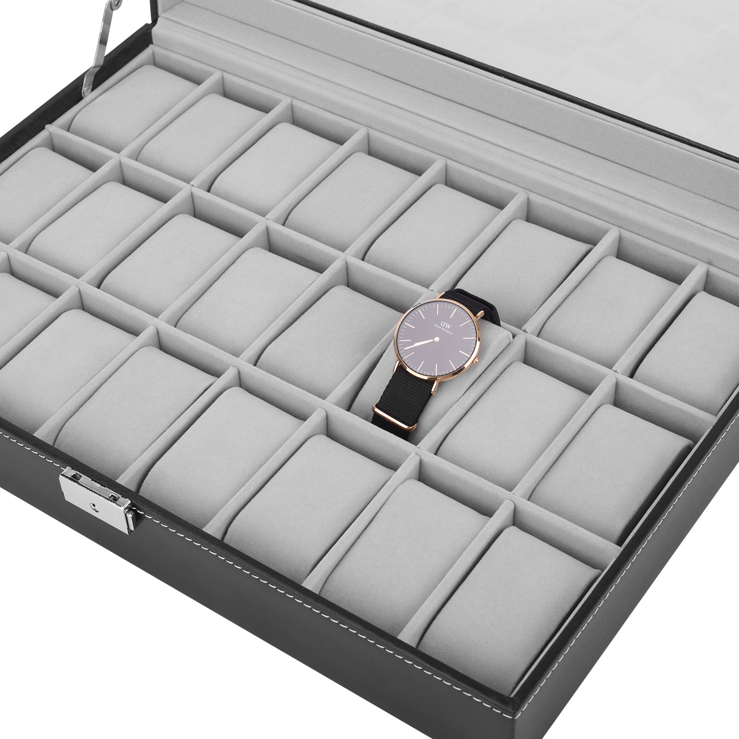 Large 24-Slot Men's Watch Display Case with Secure Lock and Clear Viewing Lid in Black Synthetic Leather