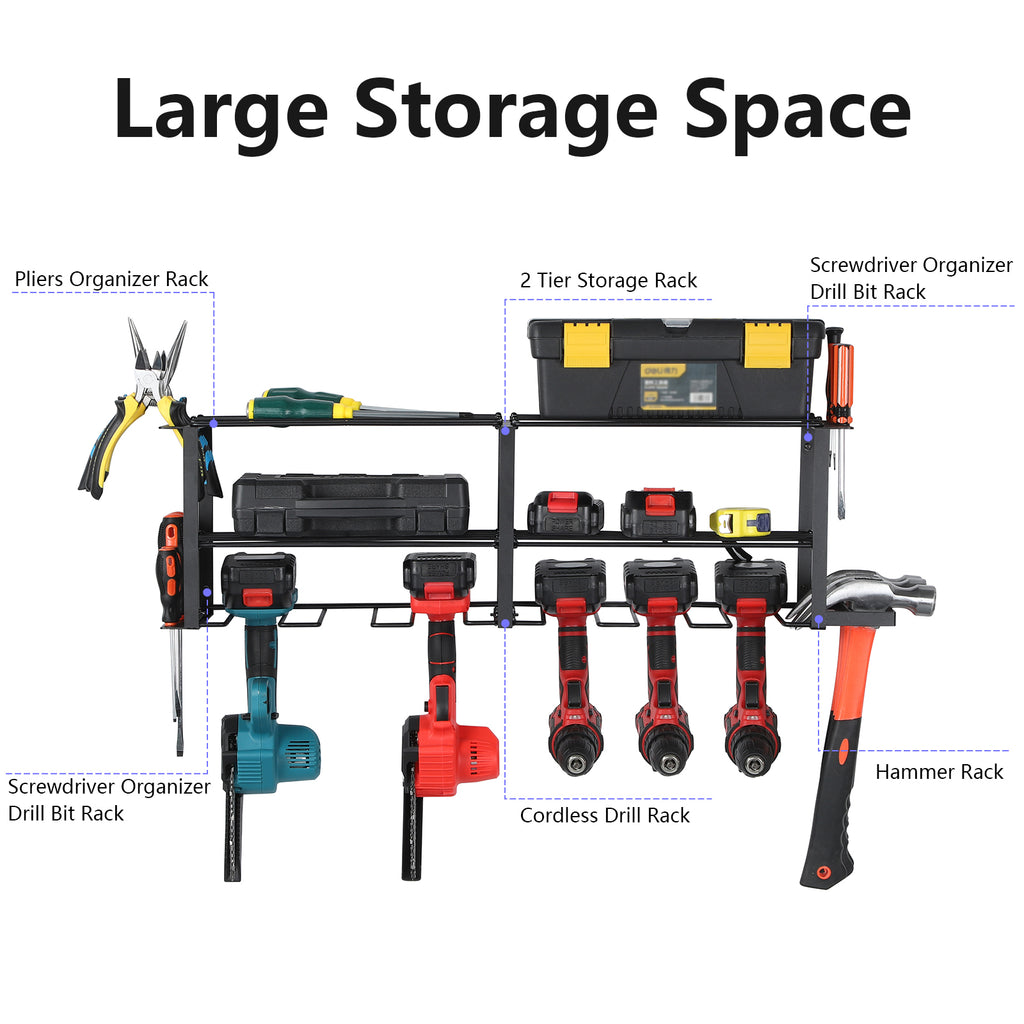 Power Tool Organiser with 6 Drill Holders, Garage Tool Organiser and Storage Rack, Wall Mounted Power Tool Rack, Heavy Duty Metal Tool Rack, Free Standing Tool Rack