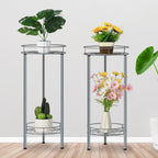 Set of 2 Silver Multi-Tiered Metal Flower Pot Holders, 28 Inch Tall Dual-Layer Plant Display Racks for Indoor and Outdoor Use