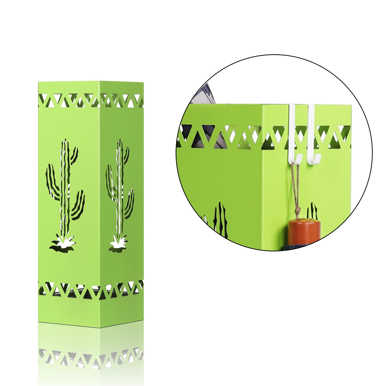 Green Metal Umbrella Stand with Cactus Design, Free-Standing Holder for Entryway with Drip Tray
