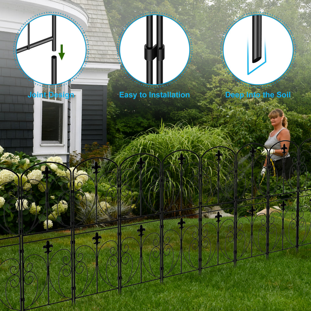 No-Dig Decorative Garden Fence with Gate - Fleur-de-Lis Rustproof Metal Border - Animal Barrier for Patio,