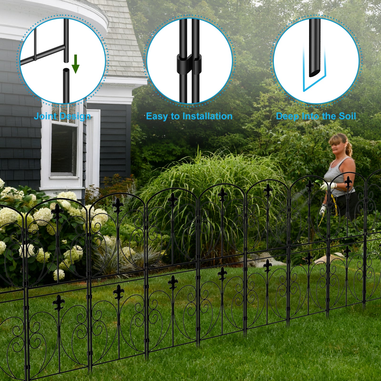 No-Dig Decorative Garden Fence with Gate - Fleur-de-Lis Rustproof Metal Border - Animal Barrier for Patio,