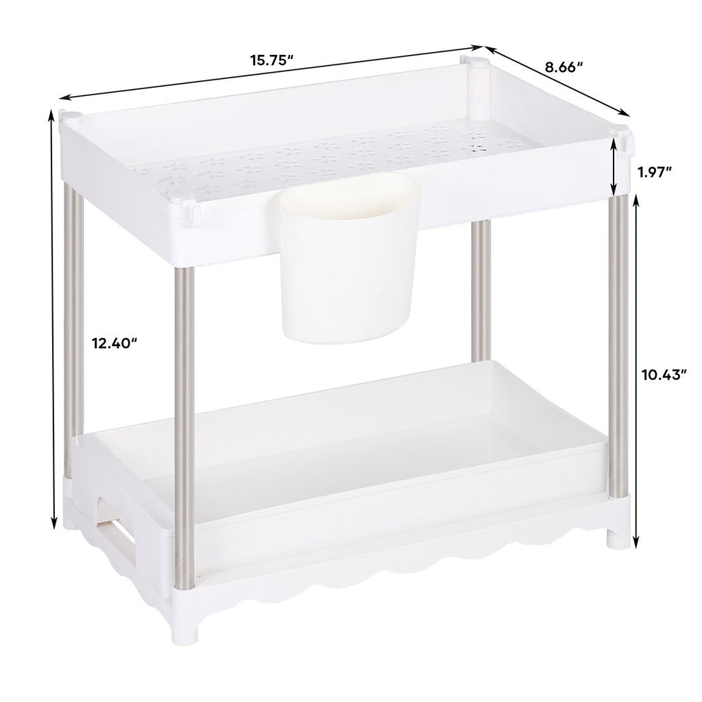 Under Sink Organizers and Storage, 2-Tier Bathroom Kitchen Organization and Storage, Bathroom Cabinet Organiz With Sliding Drawers, Under Sink Storage Shelves with Hooks Hanging Cup Dividers
