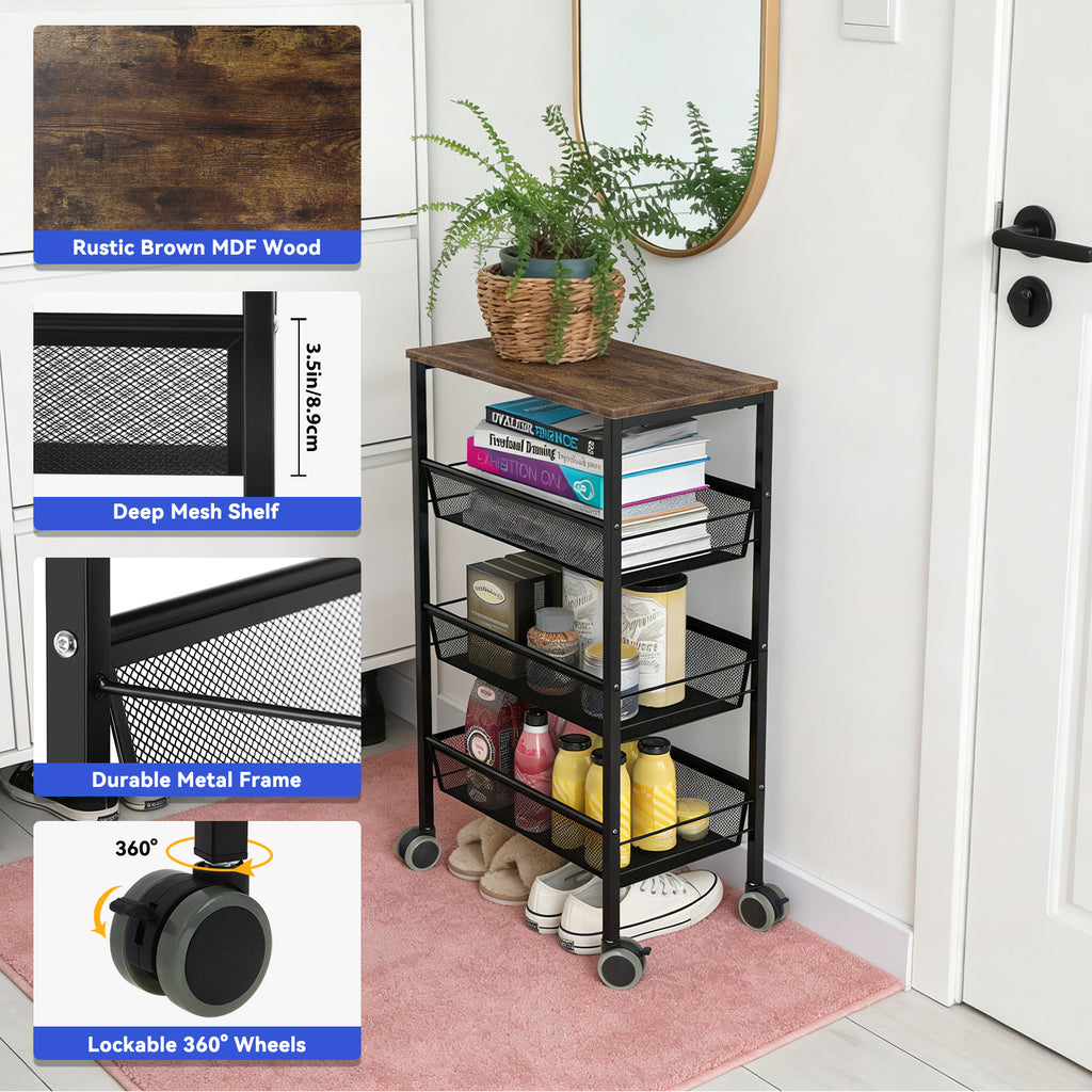 4-Tier Mesh Wire Rolling Utility Cart - Rustic Wood-Top Serving Trolley with Lockable Wheels for Kitchen