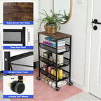 4-Tier Mesh Wire Rolling Utility Cart - Rustic Wood-Top Serving Trolley with Lockable Wheels for Kitchen