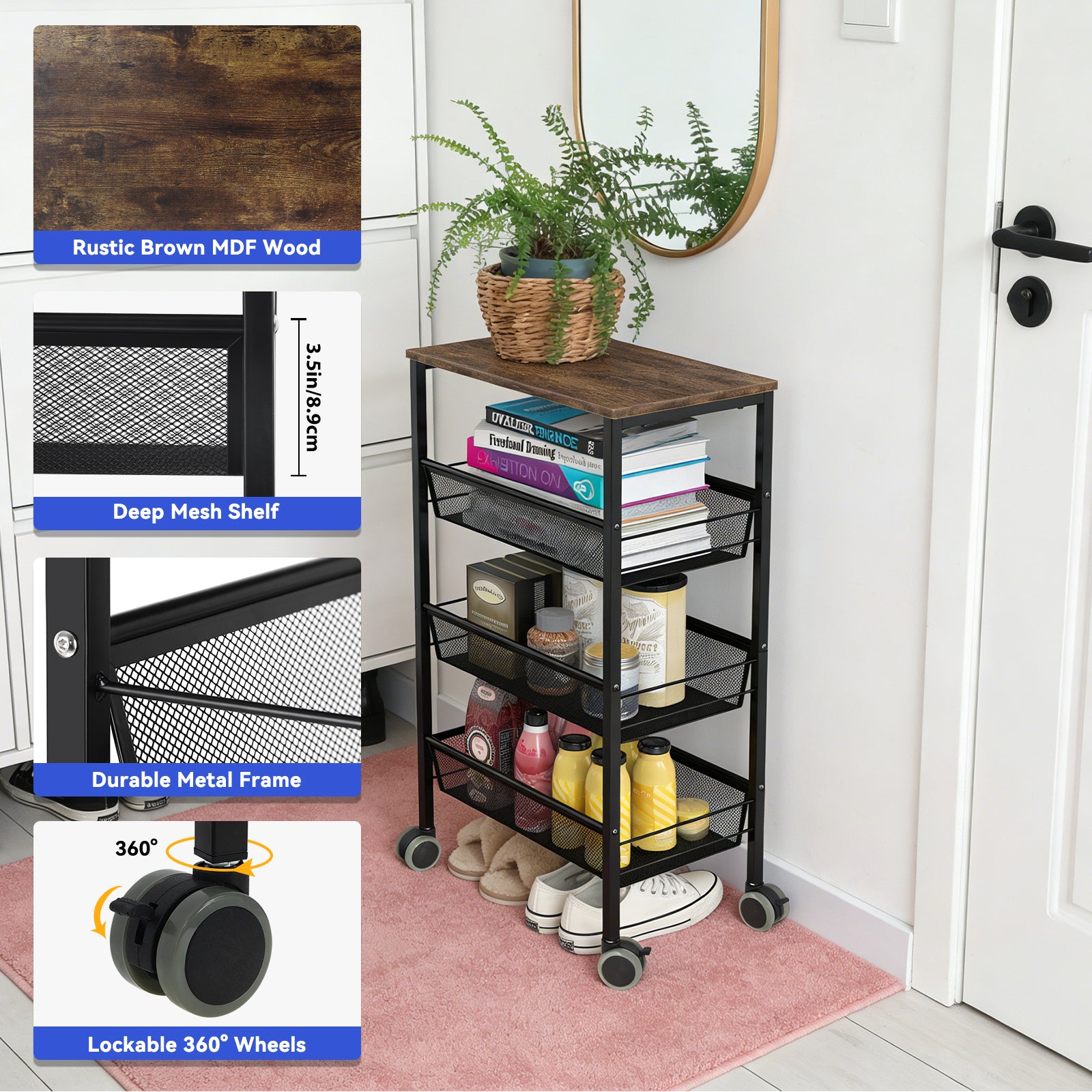 4-Tier Mesh Wire Rolling Utility Cart - Rustic Wood-Top Serving Trolley with Lockable Wheels for Kitchen
