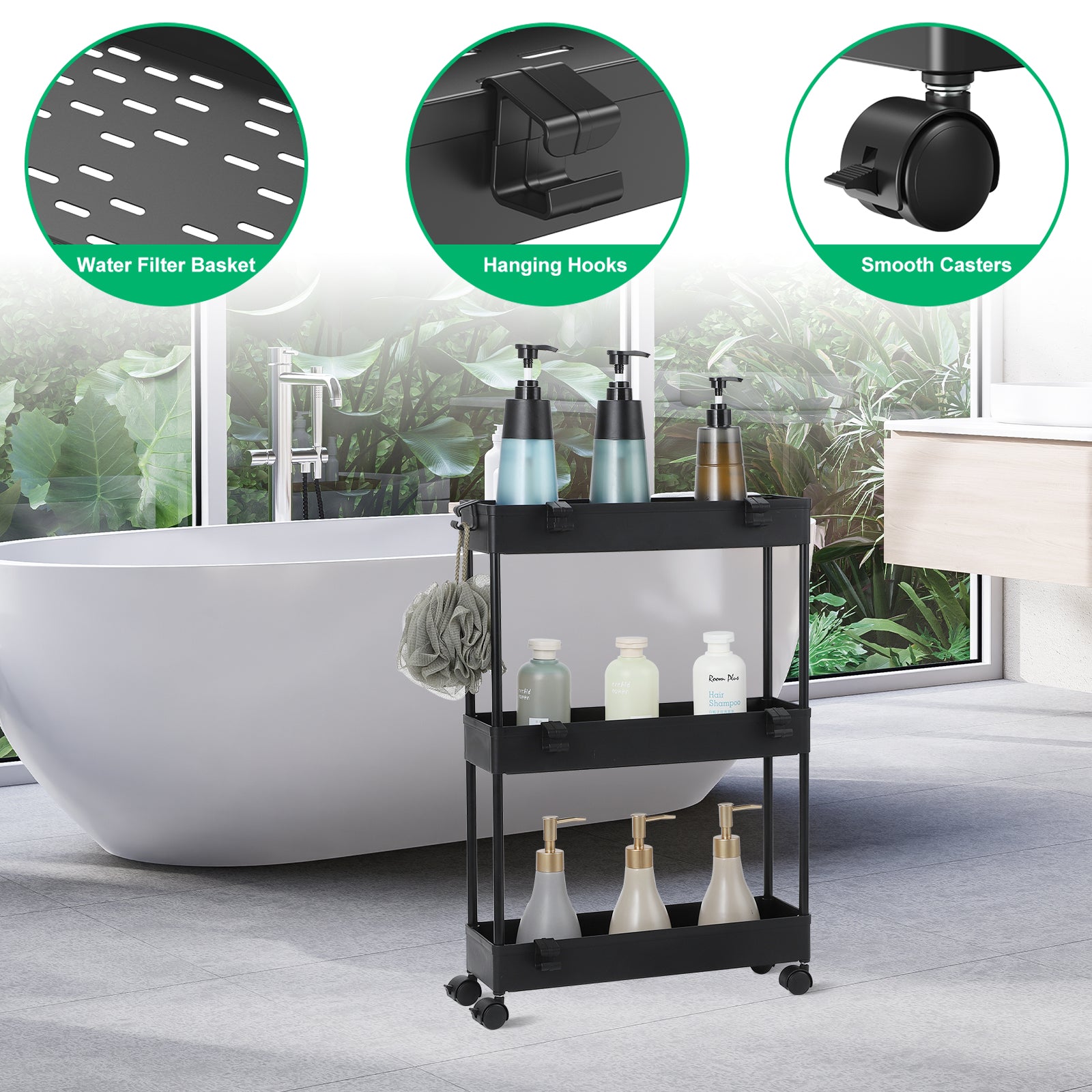 2-Pack 3-Tier Slim Storage Cart on Wheels - Mobile Rolling Utility Rack for Kitchen, Bathroom & Laundry