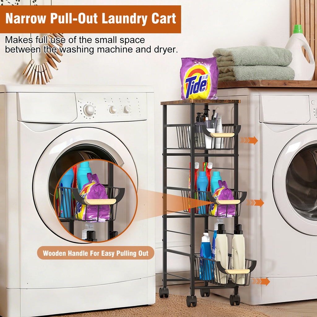 4-Tier Slim Rolling Laundry Cart - Narrow Slide-Out Storage Organizer with Baskets for Small Spaces,