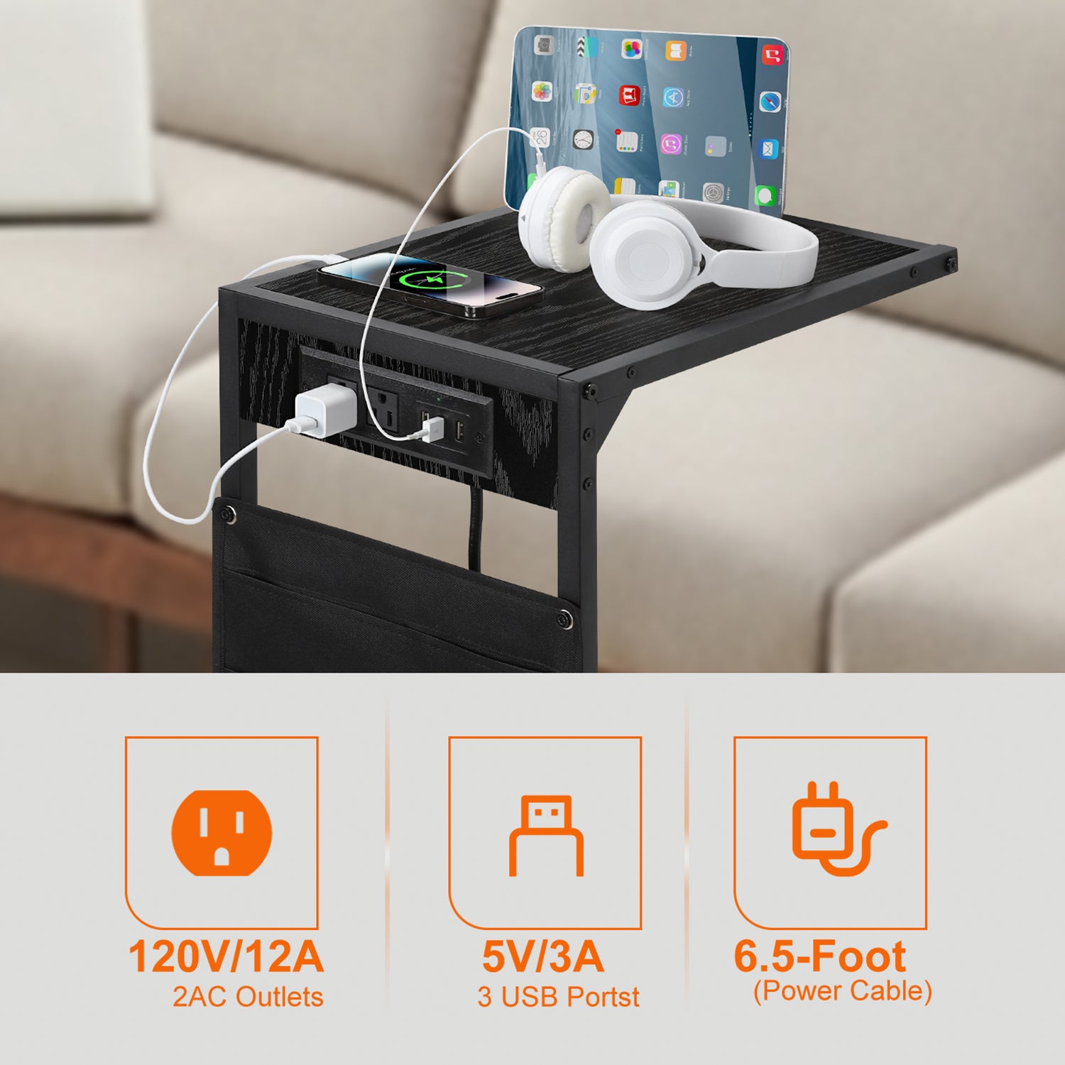 Set of 2 C-Shaped Side Tables with Charging Station & Storage Bag, Slide-Under Couch Snack Tables for Living Room & Bedroom,