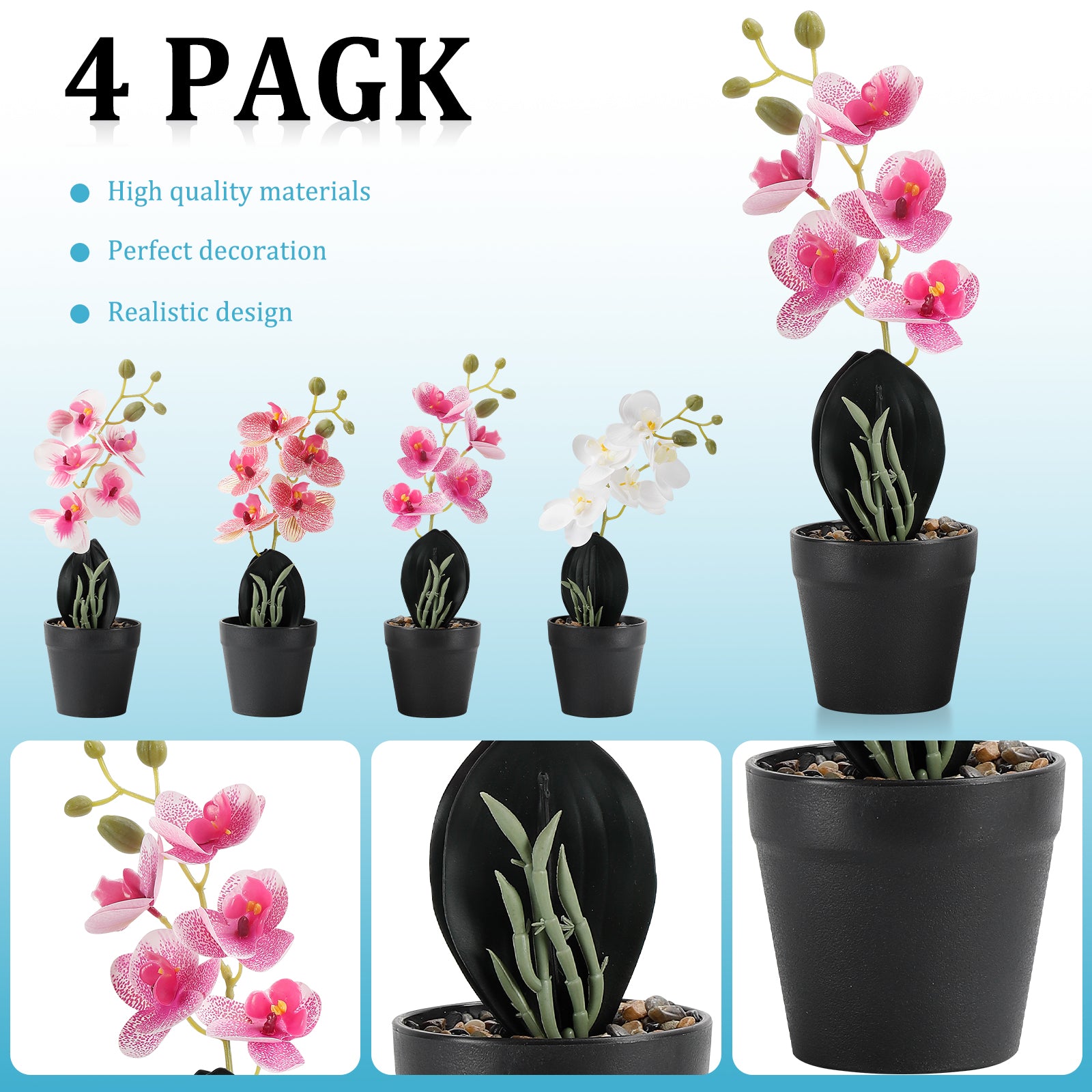 4-Pack Mini Artificial Orchid Potted Flowers, Phalaenopsis Faux Silk Floral Decor for Office Desk & Wedding Table