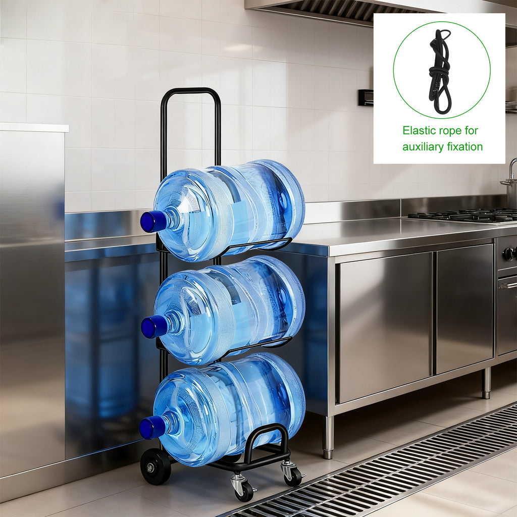 3 Tier Rolling 5 Gallon Water Jug Storage Rack Cart, Adjustable Height Black Metal Water Bottle Holder with Lockable Casters & Elastic Rope, Freestanding Water Cooler Jug Organizer for Office Kitchen Pantry