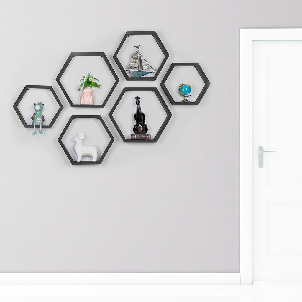 Set of 6 Black Hexagon Floating Shelves - Rustic Wood Honeycomb Wall Mounted Home Decor Storage