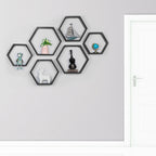 Set of 6 Black Hexagon Floating Shelves - Rustic Wood Honeycomb Wall Mounted Home Decor Storage