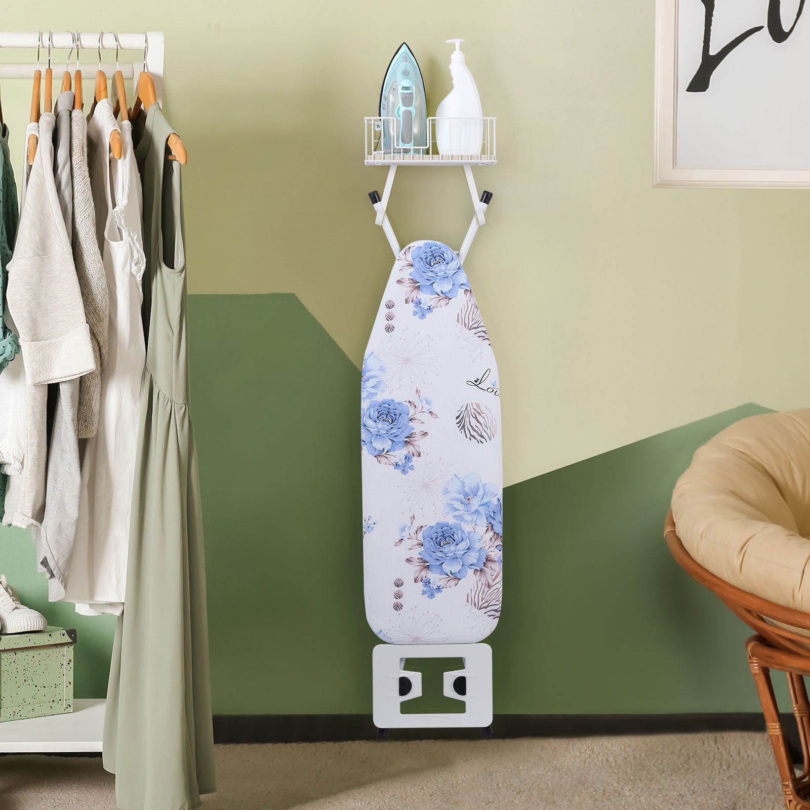 Wall Mounted Ironing Station Organizer with Flexible Hooks for T and Y-Leg Boards, Laundry Room Storage Rack, White finish