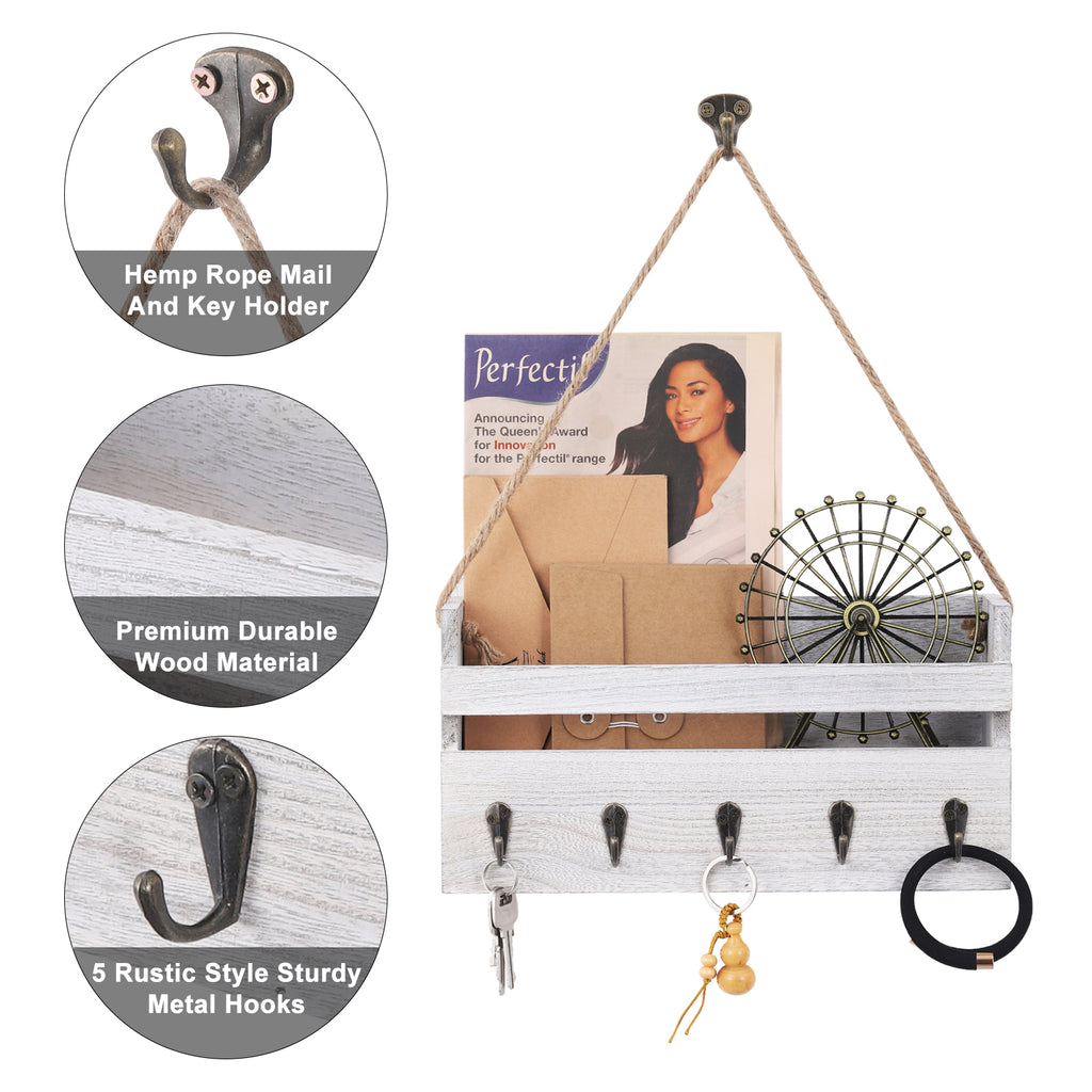 Sisal Rope Letter Slot Shelf Gray Off White, Wall Mounted Key Organizer with 5 Key Hooks, Mail Organizer for Foyers, Storage Rooms, Hallways