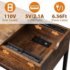 Rustic End Table with Charging Station - Slide Rail Bedside Nightstand w/ USB Ports & Outlets, Brown