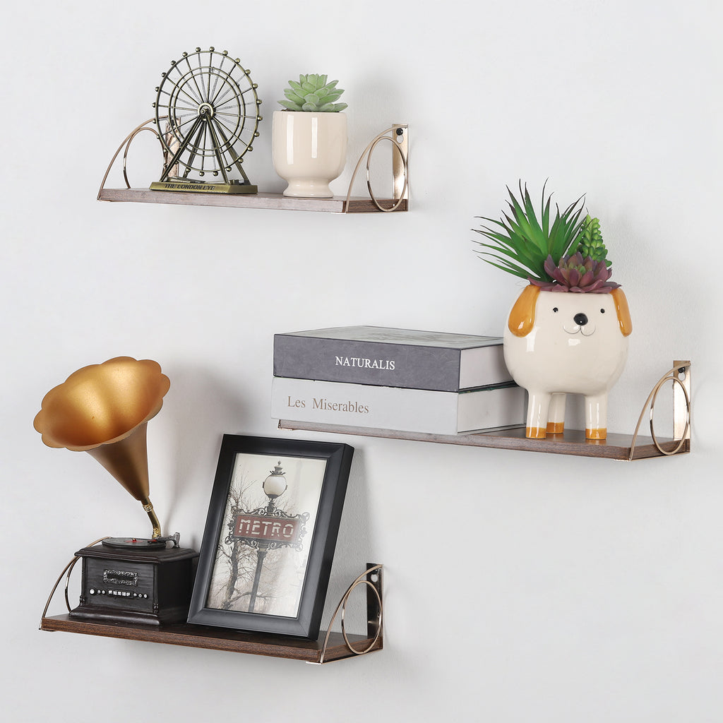 Set of 3 Wood Wall Shelves with Elegant Gold Accents, Versatile Hanging Storage for Kitchen, Bath, or Bedroom, Brown and Gold Finish