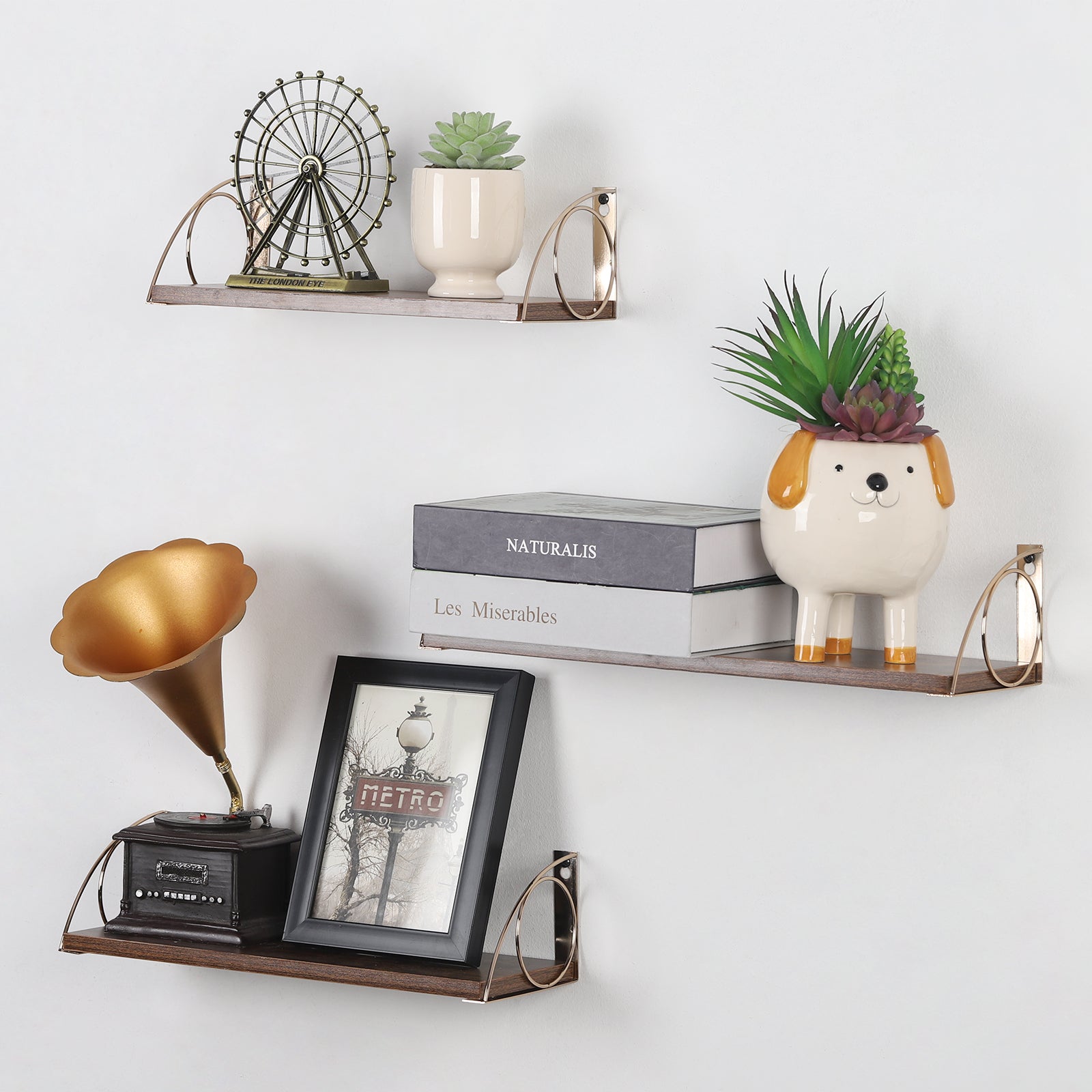 Set of 3 Wood Wall Shelves with Elegant Gold Accents, Versatile Hanging Storage for Kitchen, Bath, or Bedroom, Brown and Gold Finish