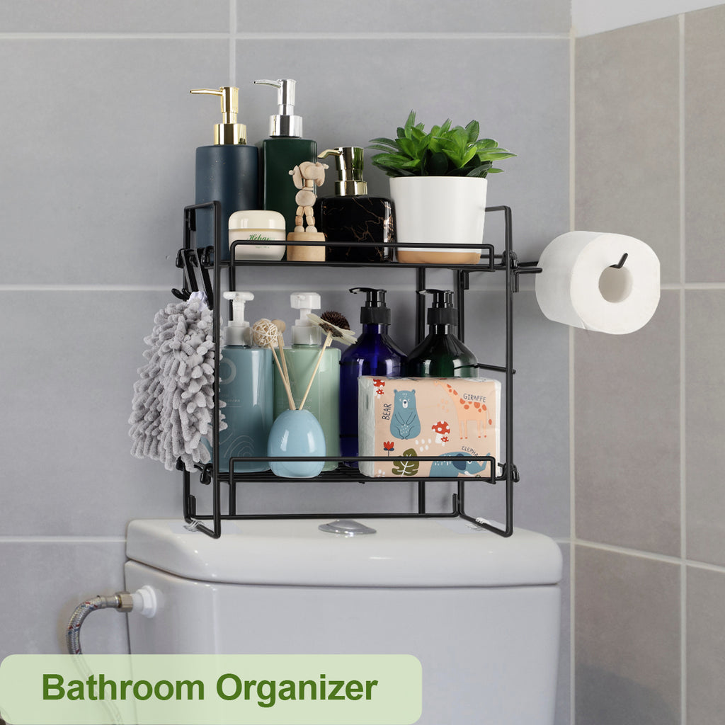 2 Pack Toilet storage cabinet, Bathroom Organizers, 2-Tier Over Toilet Storage, Floating Shelves with 2 Hooks & Paper Holder, Wall Mounted Shelf Furniture, Cool Accessories & Decor, Gifts for Women, Mothers Day (Black)