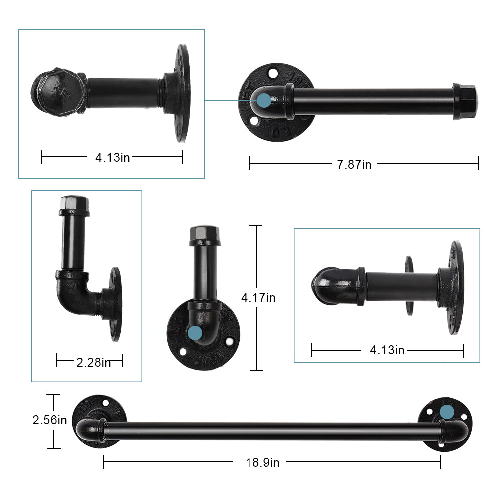 4-Piece Industrial Pipe Bathroom Hardware Set, Wall Mounted Towel Bar and Toilet Paper Holder, Rustic Black Metal Accessories for Farmhouse,