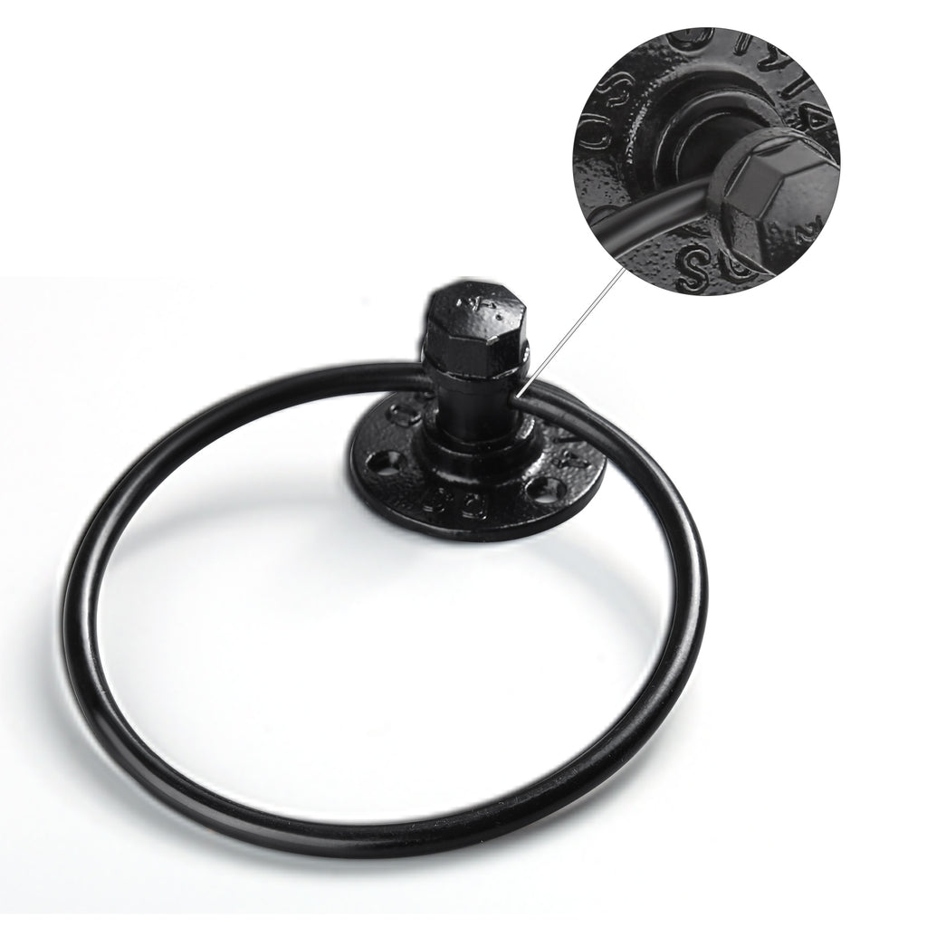 10-Piece Industrial Pipe Bathroom Hardware Set - Matte Black Towel Bar, Towel Ring, and Robe Hooks