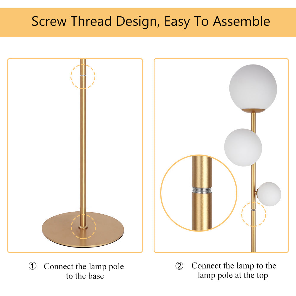 Modern 3-Globe Floor Lamp - Minimalist Gold Metal Industrial Standing Lamp - Elegant Tall Pole Light with Weighted Base for Living Room