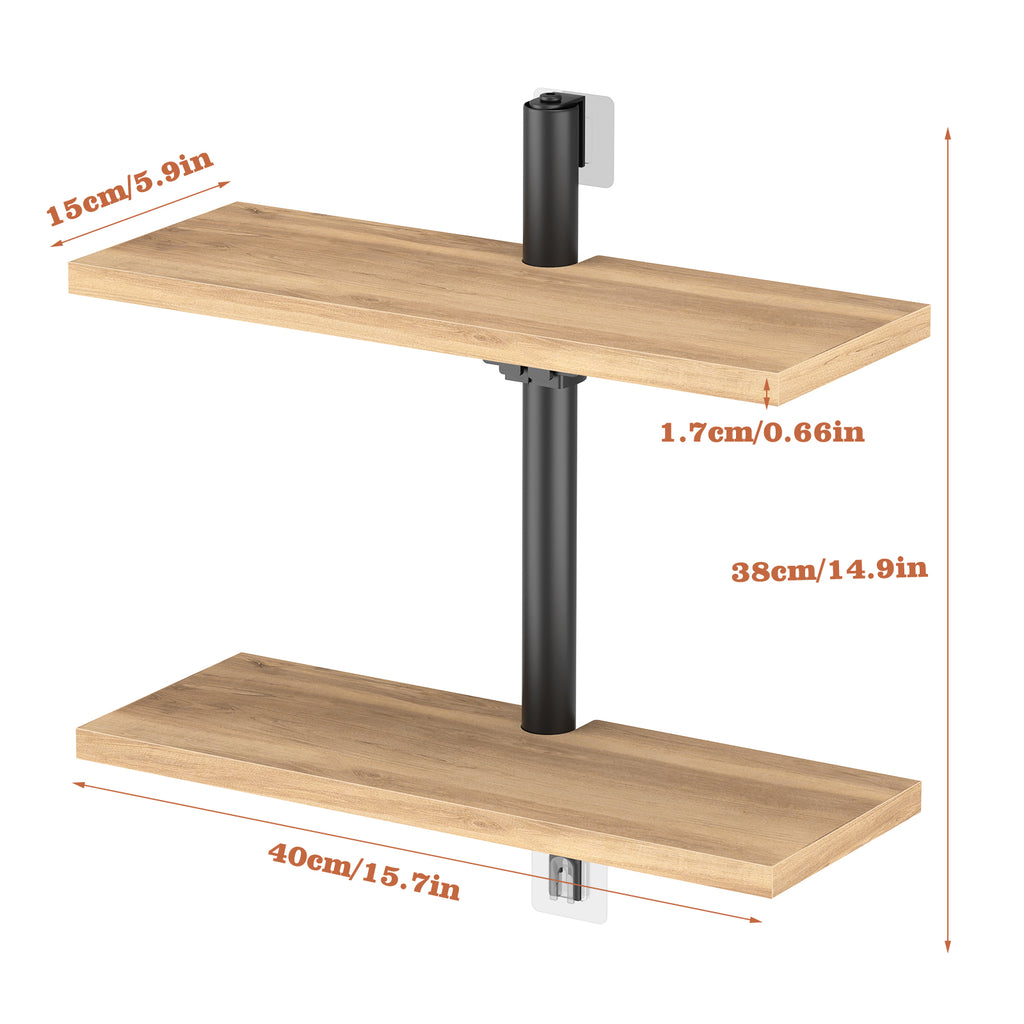 2-Tier Floating Wall Shelves, Wood & Metal Decorative Storage Rack for Bedroom & Living Room
