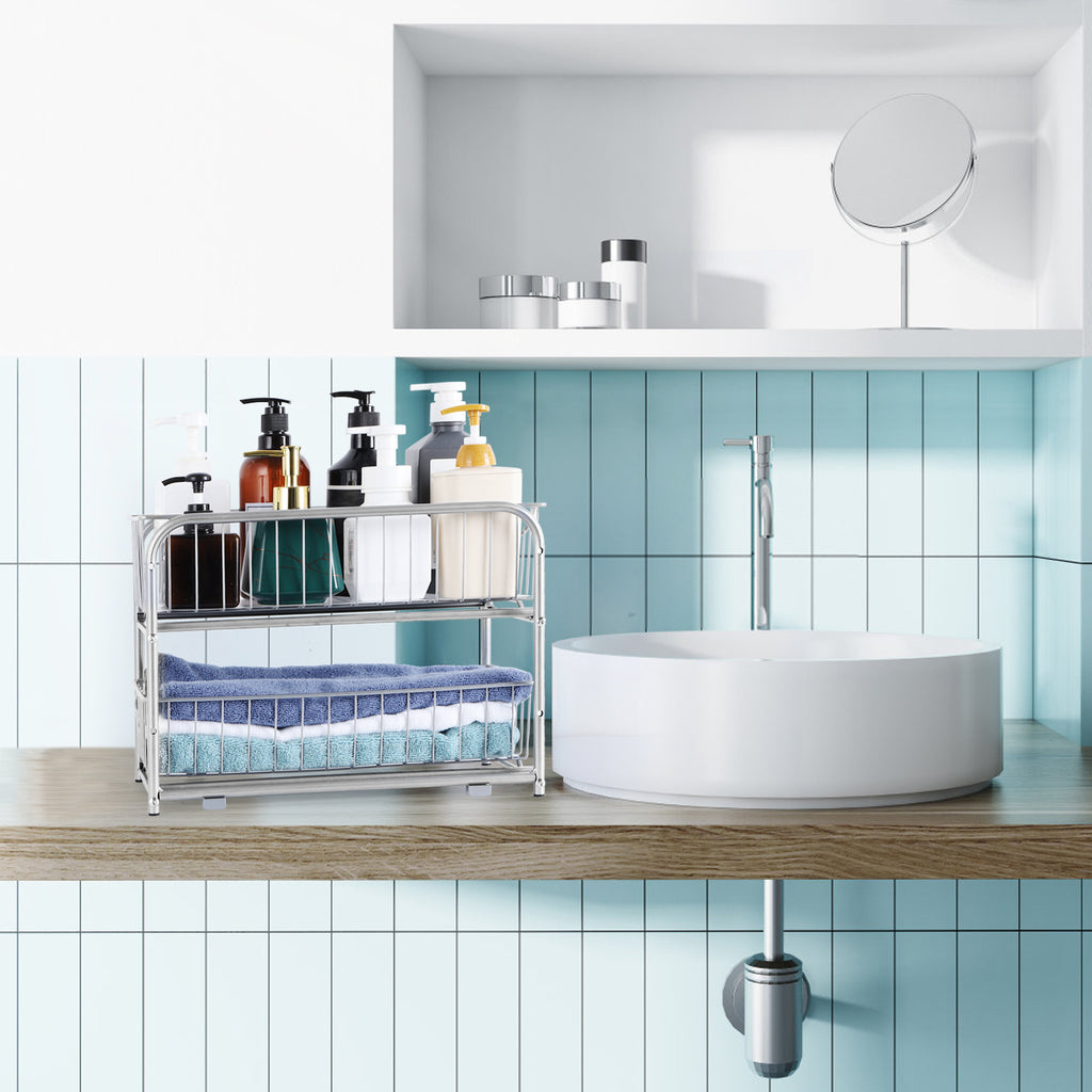2-Tier Sliding Under Sink Organizer - Stackable Metal Basket Storage Drawer for Kitchen & Bathroom