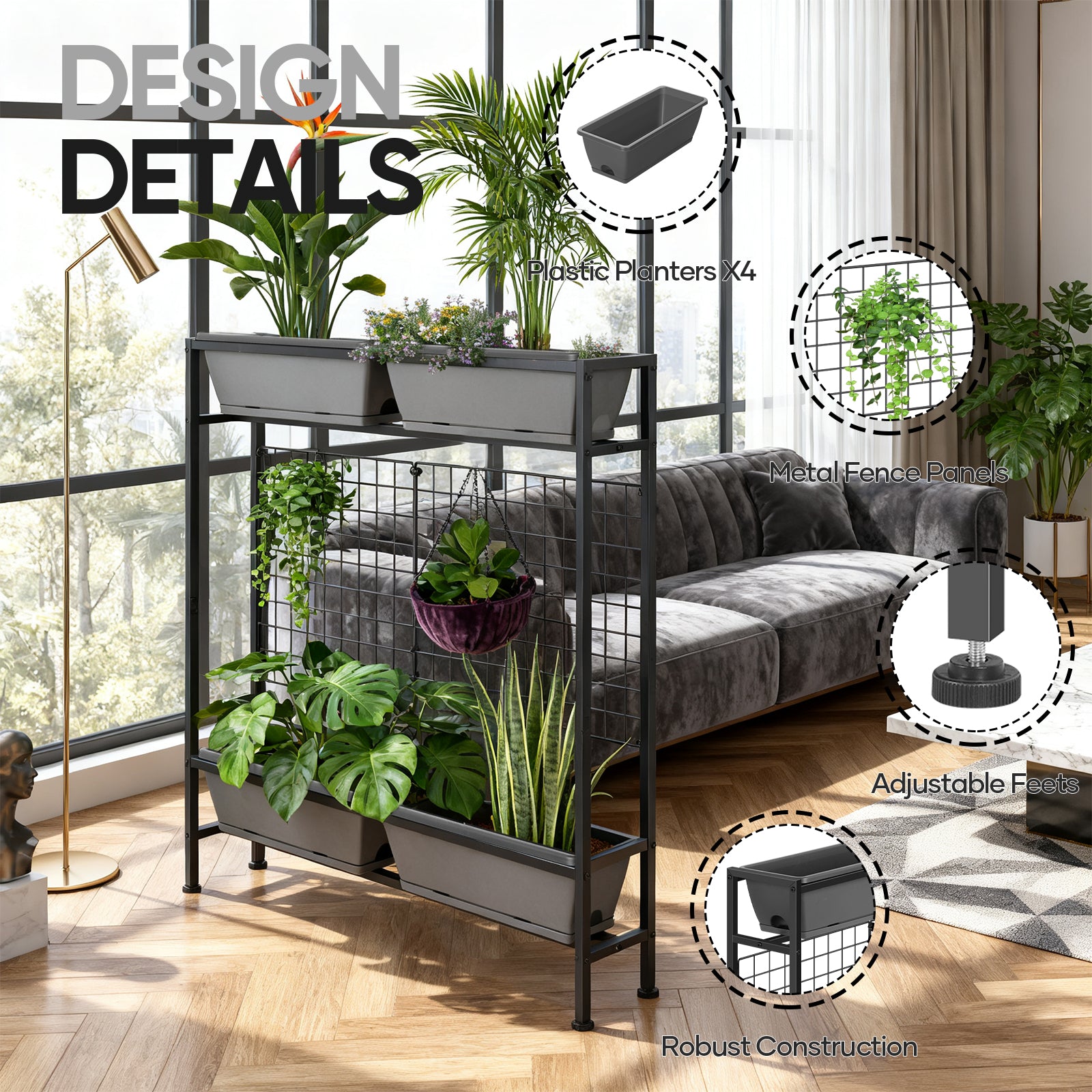 2-Tier Elevated Garden Planter with Trellis - Raised Flower Box with Climbing Plant Support, Gray,