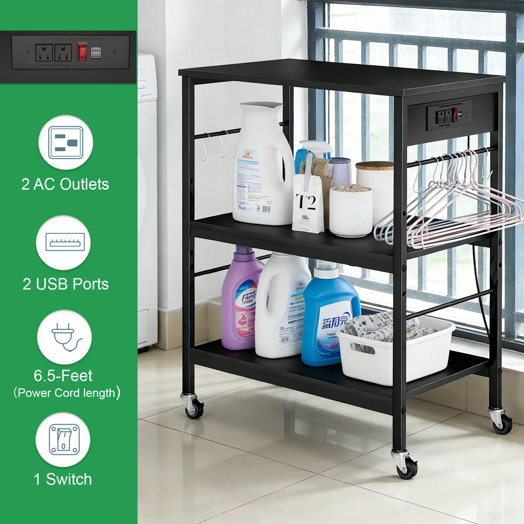 3-Tier Rolling Baker's Rack - Kitchen Microwave Stand with Power Outlets & 10 Hanging Hooks, Black,
