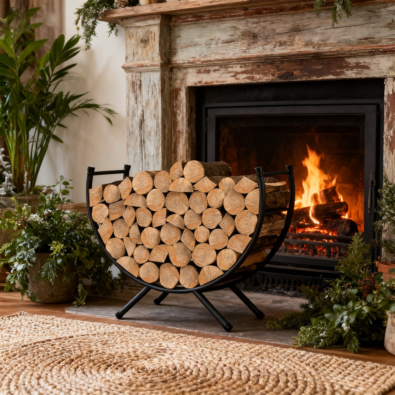 24-Inch Curved Firewood Rack - Small Powder-Coated Metal Fireplace Log Holder, Black