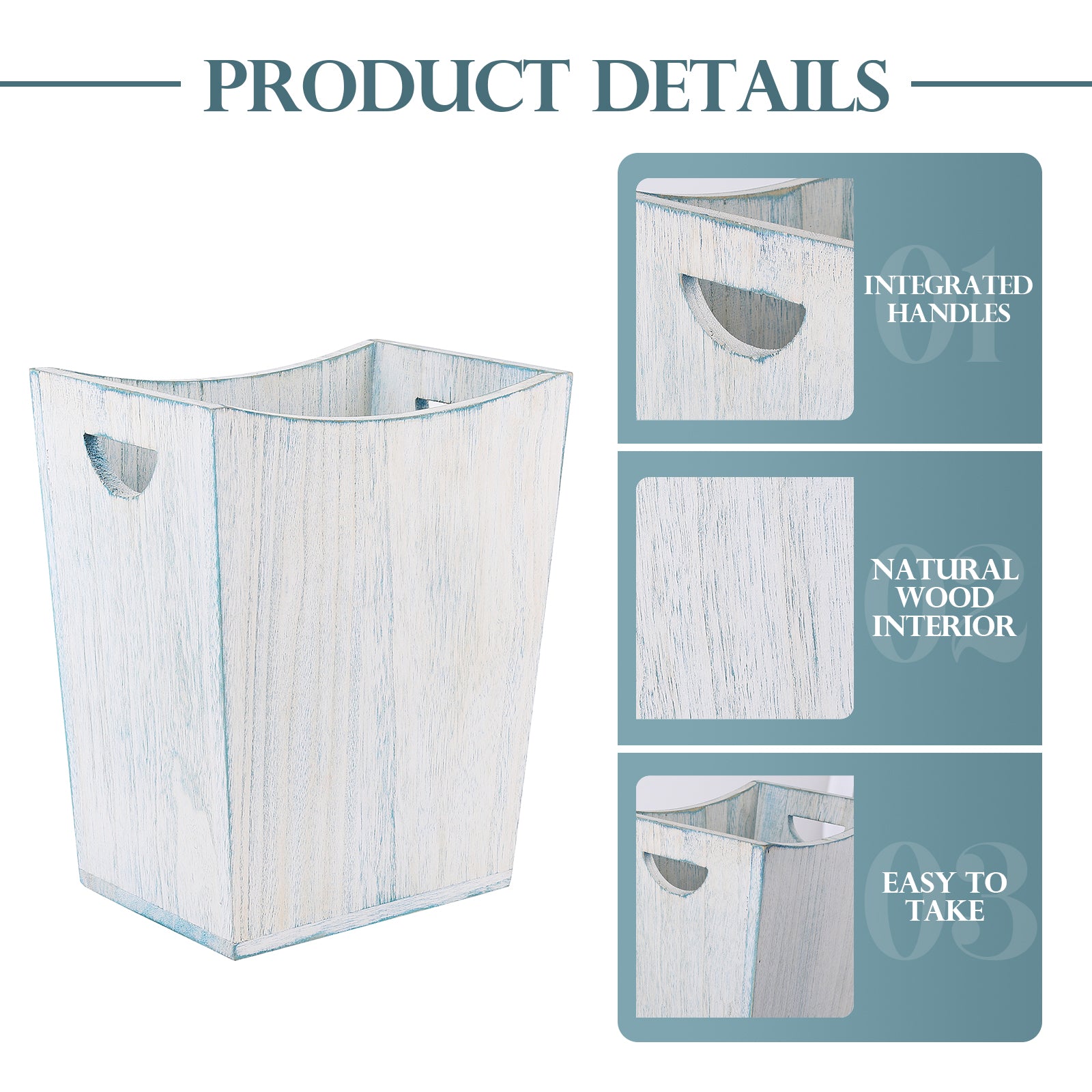 Rustic Blue and White Wood Wastebasket - Farmhouse Style Torched Timber Garbage Bin for Home and Office