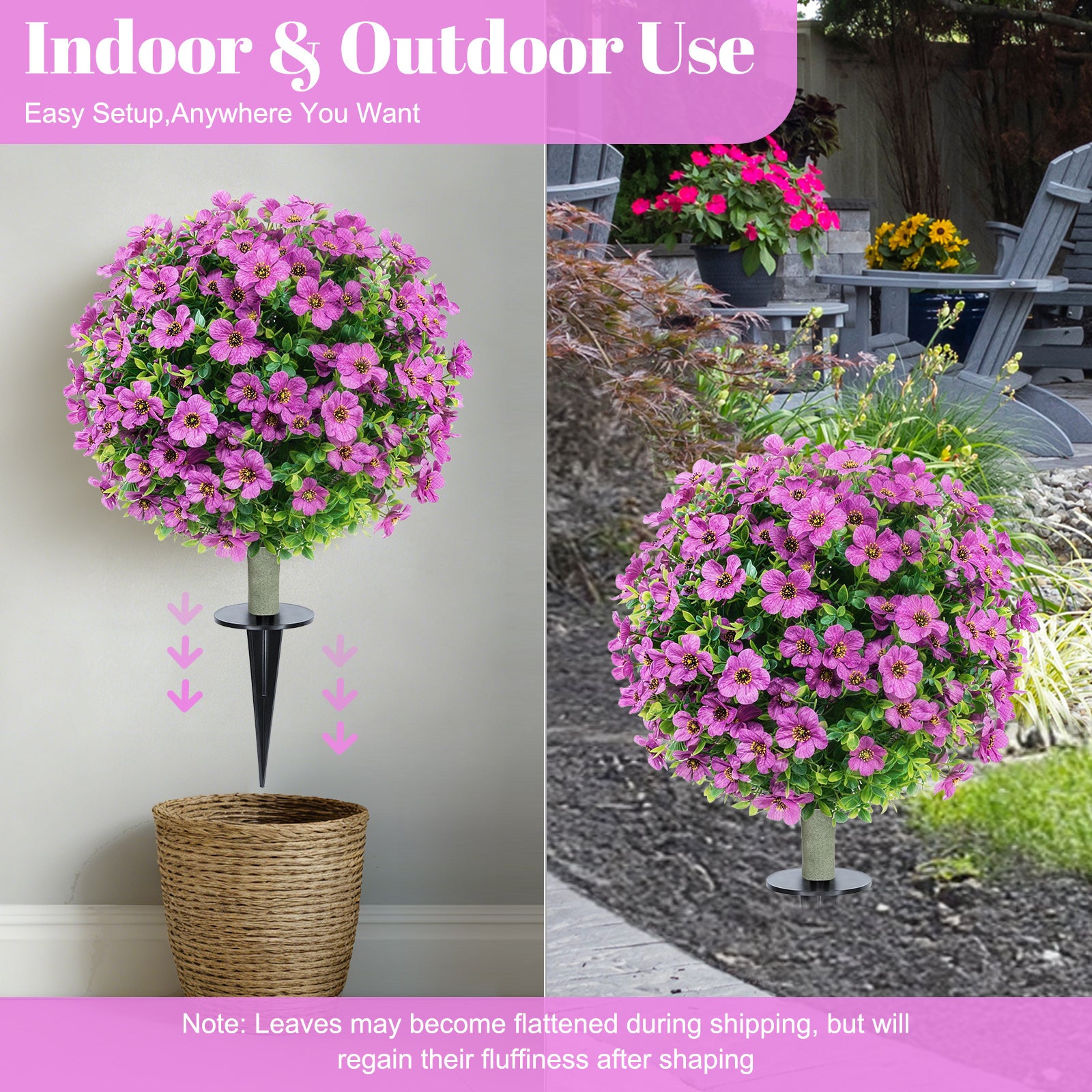 2 Pack Artificial Purple Violet Topiary Ball Trees, 23.6 Inch Fake Flower Ball Plants with Ground Stake, UV Resistant Faux Floral Shrubs for Outdoor Garden, Patio, Front Porch Decor
