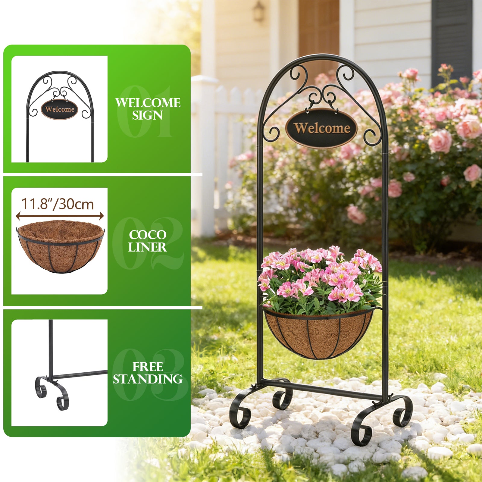 39.5inch Welcome Planter Basket Stand with Coco Liner - Hanging Metal Flower Stand - Decorative Sign for Porch & Entryway