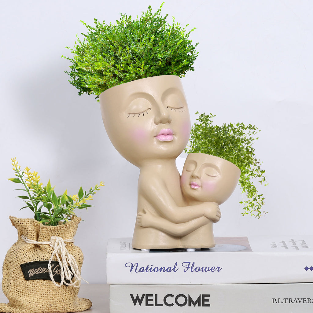 Double-Head Face Planter Pot for Mommy & Child - Resin Succulent Pot with Drainage Hole for Home