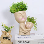 Double-Head Face Planter Pot for Mommy & Child - Resin Succulent Pot with Drainage Hole for Home