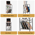Record Player Stand End Table with Charging Station Record Vinyl Guitar Rack with 3 Tier Vinyl Storage Shelf Guitar Display Stand for Acoustic Guitar Accessories for Music Room Studio Farmhouse