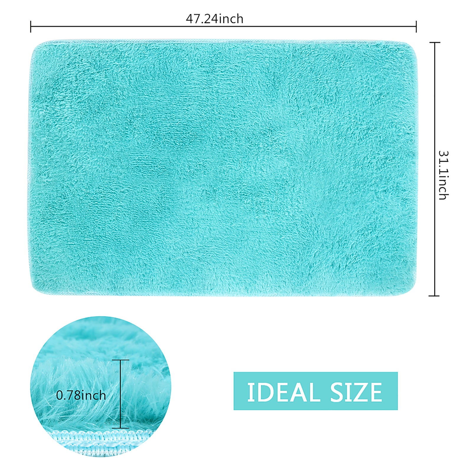 47.2x 31.1 inch Soft Fluffy Shag Bath Rug, Non-Slip Absorbent Washable Area Rug for Bathroom, Bedroom & Indoor Entryway, Turquoise Blue