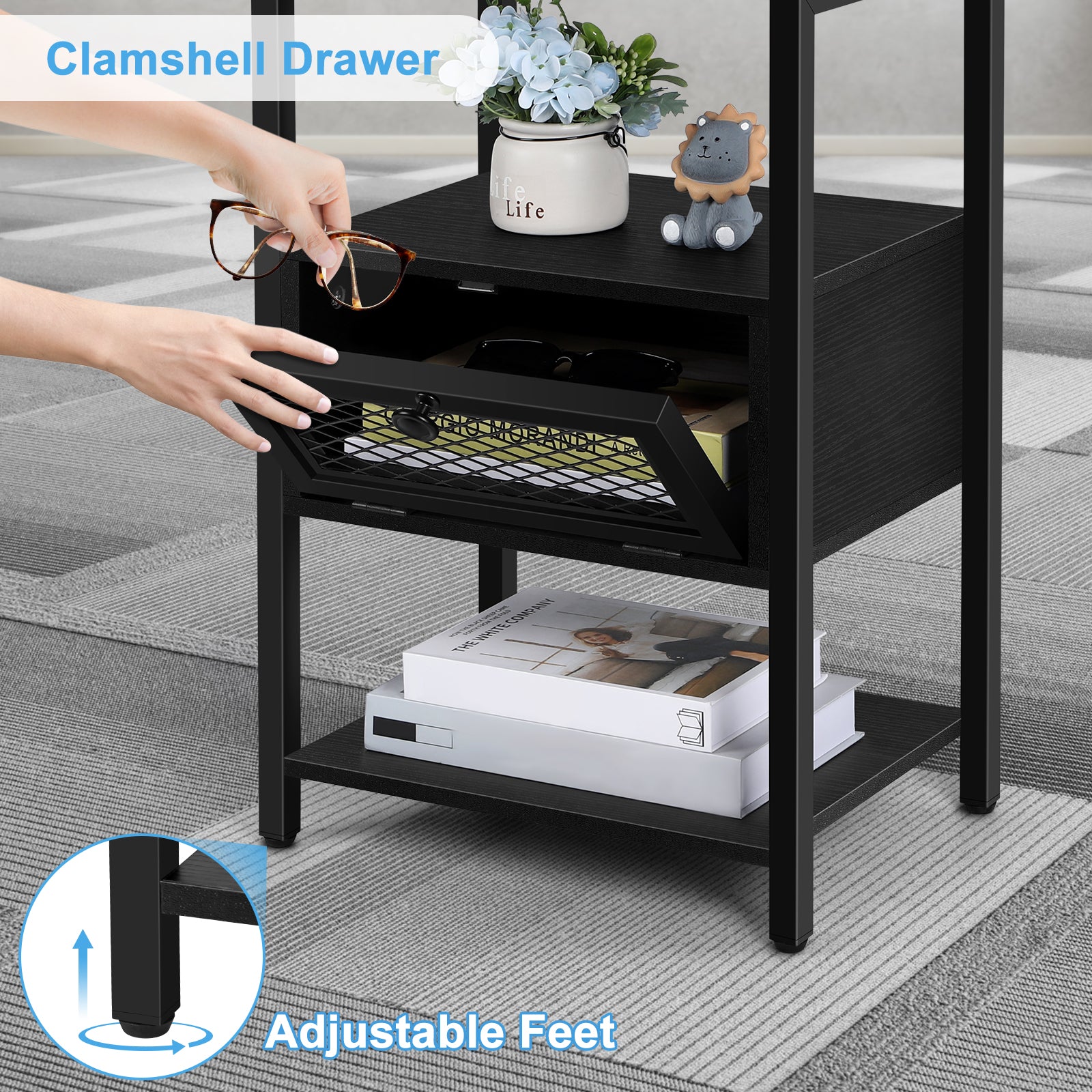 Black Nightstand with Charging Station, 3-Tier End Table with Drawer & USB Ports, for Bedroom & Living Room